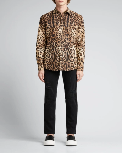 Shop Dolce & Gabbana Men's Leopard-print Sport Shirt In Med Beige