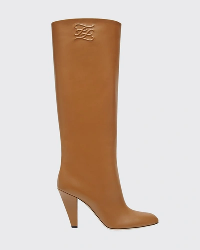 Shop Fendi 95mm Leather Knee Boots In Sabbia Bag