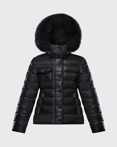 Shop Moncler Girl's Armoise Fur-trim Quilted Jacket In 999 Black