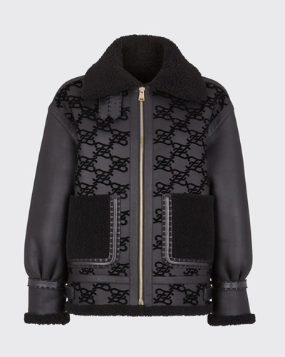 Shop Fendi Leather Karligraphy Embroidered Shearling Coat In Black