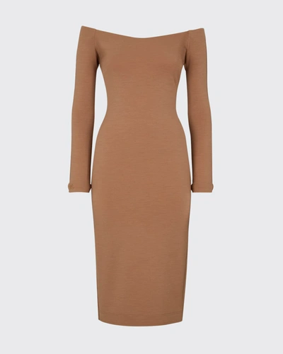 Shop Fendi Off-shoulder Jersey Midi Dress In Camel