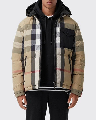 Shop Burberry Men's Rutland Check Nylon Puffer Jacket In Beige