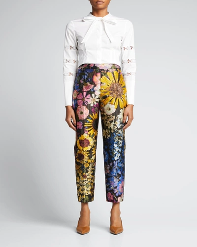 Shop Oscar De La Renta Floral-embroidered Fil Coupe Straight-leg Pants In Black Multi