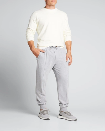 Shop Brunello Cucinelli Men's Solid Terry Crew Sweatshirt In C7220 White