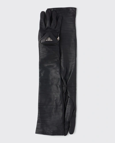 Shop Prada Long Napa Gloves W/ Triangle Zip Pouch In F0002 Nero