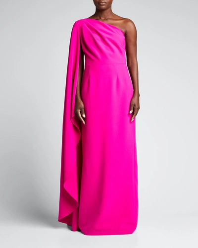 Shop Rickie Freeman For Teri Jon Cape-sleeve One-shoulder Crepe Gown In Hot Pink