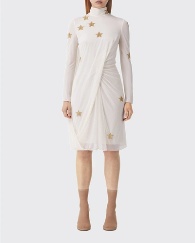 Shop Burberry Star Draped High-neck Dress In Ivory Blush