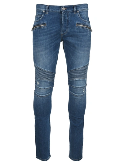 Shop Balmain Slim-fit Ribbed Jeans In Blue