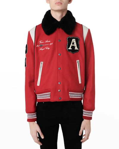 Amiri Always On Point Varsity Bomber Jacket With Genuine Shearling Trim In  Red