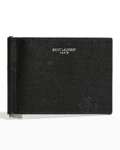 Shop Saint Laurent Men's Ysl Leather Wallet W/ Money Clip In Nero