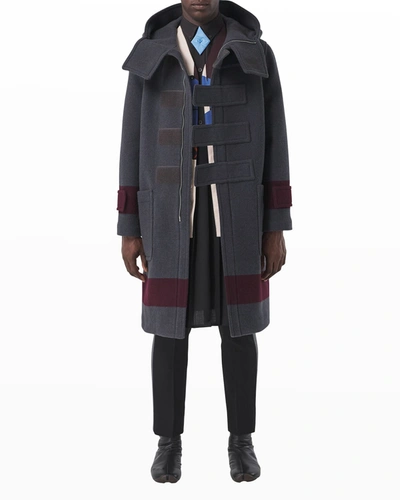 Shop Burberry Men's Block-stripe Wool Duffel Coat In Dark Charcoal Bro