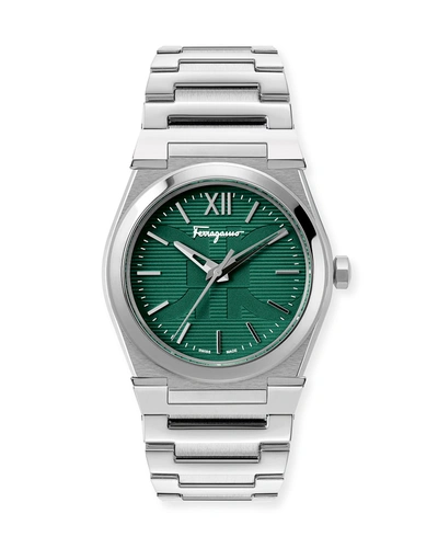 Shop Ferragamo Men's 40mm Vega Bracelet Watch In Silver/green