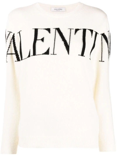 Shop Valentino Intarsia-knit Logo Long-sleeve Jumper In White