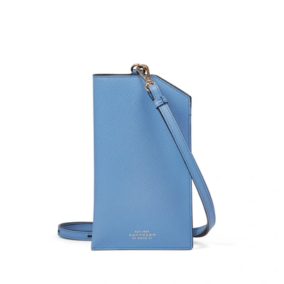 Shop Smythson Folded Phone Case With Strap In Panama In Nile Blue