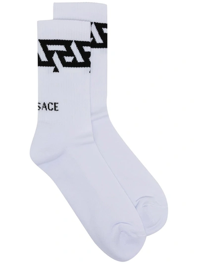 Shop Versace Logo-print Ribbed Socks In White