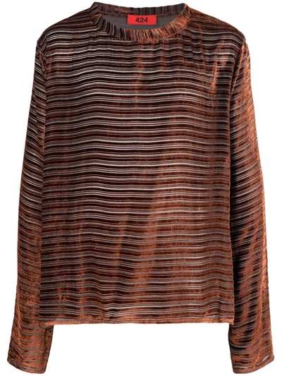 Shop 424 Stripe-print Velvet-effect T-shirt In Brown