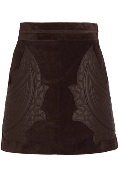 Shop Chloé Leather-appliquéd Suede Mini Skirt In Brown