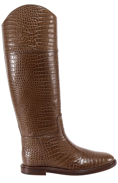 Shop Fendi Embossed Karligraphy Boots In Brown