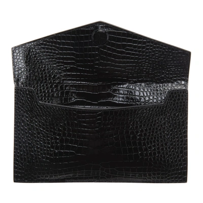 Shop Saint Laurent Black Croc Medium Uptown Envelope Pouch In 1000 Black