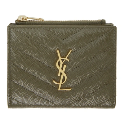 Shop Saint Laurent Khaki Monogram Zipped Bifold Wallet In 3344 Kaki