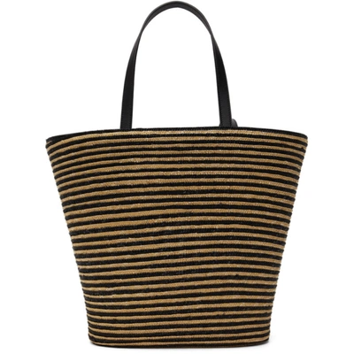 Shop Saint Laurent Tan & Black Striped Mini Panier Tote In 7088 Straw/blk