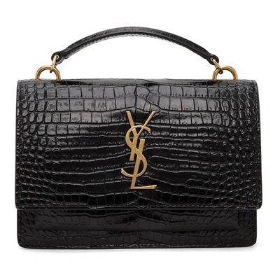 Shop Saint Laurent Black Croc Sunset Chain Wallet Bag In 1000 Black