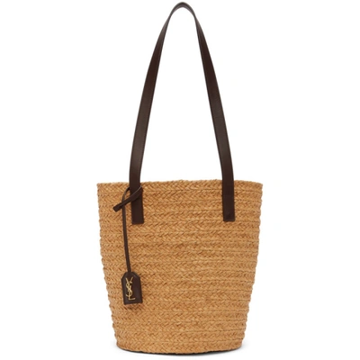 Shop Saint Laurent Beige Raffia Small Panier Tote In 7062 Naturale/nut