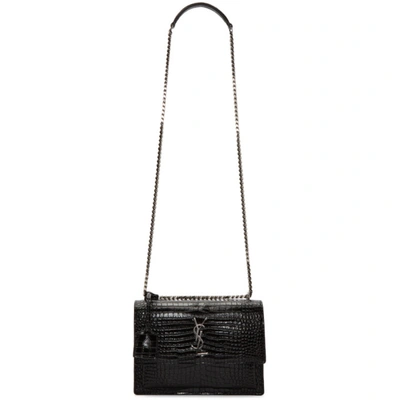 Shop Saint Laurent Black Croc Medium Sunset Bag In 1000 Black