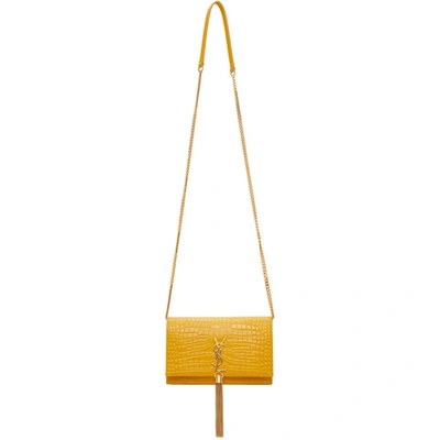 Shop Saint Laurent Yellow Croc Kate Tassel Chain Wallet Bag In 7004 Saffran