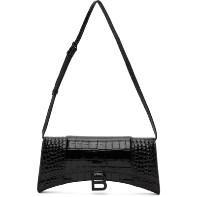 Shop Balenciaga Black Croc Stretched Hourglass Shoulder Bag In 1000 Black