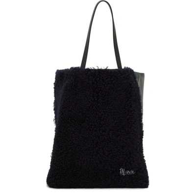 Shop Marni Navy & Green Shearling Museo Tote In Z2o08 Blublack/sphe