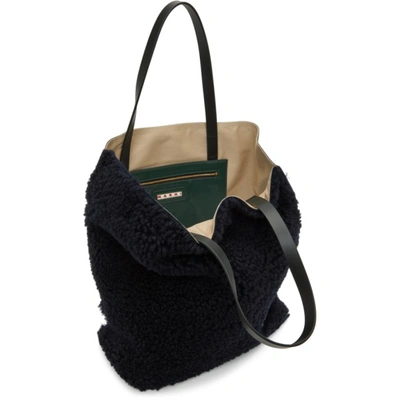 Shop Marni Navy & Green Shearling Museo Tote In Z2o08 Blublack/sphe