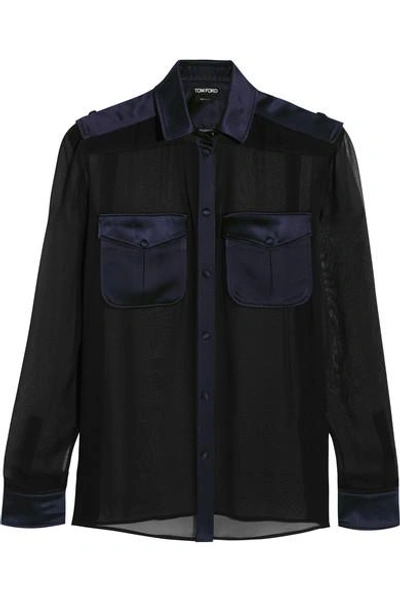 Shop Tom Ford Satin-trimmed Silk-chiffon Shirt In Black