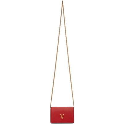 Shop Versace Red Mini Virtus Chain Wallet Bag In 1r23v Scarlet Gold