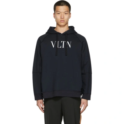 Shop Valentino Navy Paneled 'vltn' Hoodie In 022 Blu/vltn Bianco