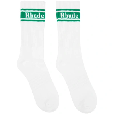 Shop Rhude White & Green Stripe Logo Socks In White/forest0499