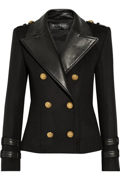 Balmain Leather-trimmed Wool And Cashmere-blend Jacket In Noir C0100