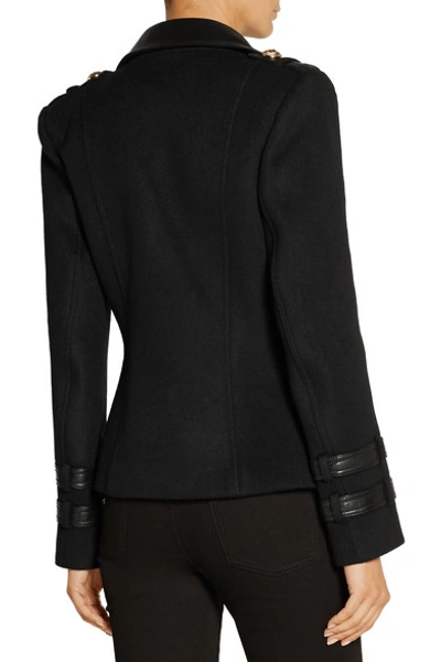 Shop Balmain Leather-trimmed Wool And Cashmere-blend Jacket In Black