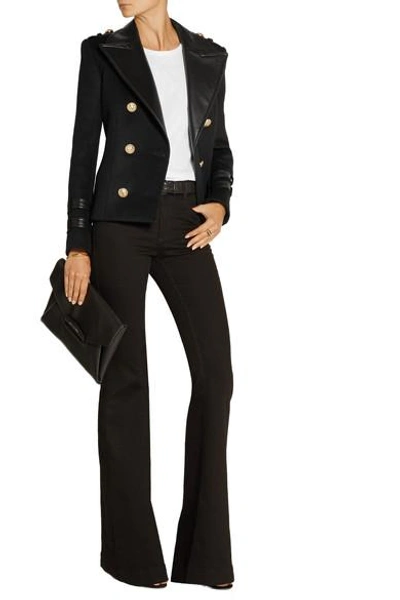 Shop Balmain Leather-trimmed Wool And Cashmere-blend Jacket In Black