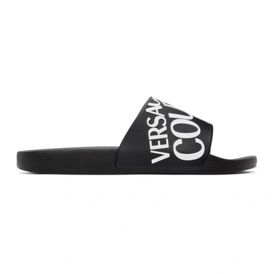 Shop Versace Jeans Couture Black Rubber Logo Slides In E899 Nero