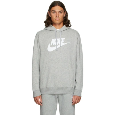 Shop Nike Grey & White Fleece Sportswear Club Hoodie In 063 Dk Grey Heather/