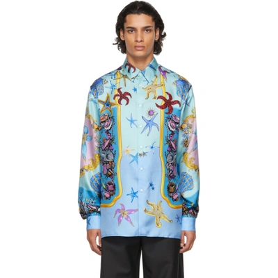 Shop Versace Blue Silk Trésor De La Mer Shirt In 5v010 Blue