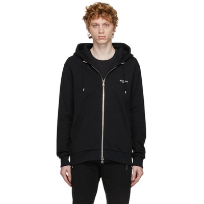 Shop Balmain Black Flocked Logo Zip-up Hoodie In Eab Noir/bl