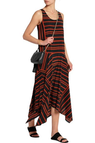 Shop Dkny Striped Silk Crepe De Chine Midi Dress In Burgundy