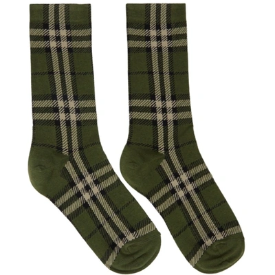 Shop Burberry Green Intarsia Check Mid Socks In Military Green