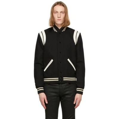 Shop Saint Laurent Black Wool Teddy Bomber Jacket In 1070 Blkwht