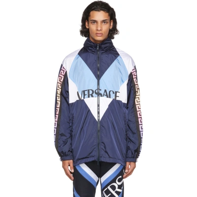 Shop Versace Blue Nylon Logo Jacket In 6u370 Blue