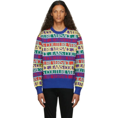 Shop Versace Jeans Couture Multicolor Jacquard Logo Sweater In E983 Mult.s