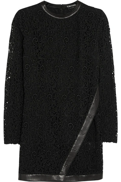 Shop Tom Ford Leather-trimmed Guipure Lace Mini Dress In Black