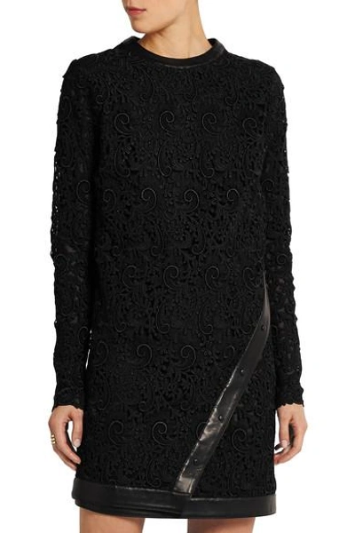 Shop Tom Ford Leather-trimmed Guipure Lace Mini Dress In Black